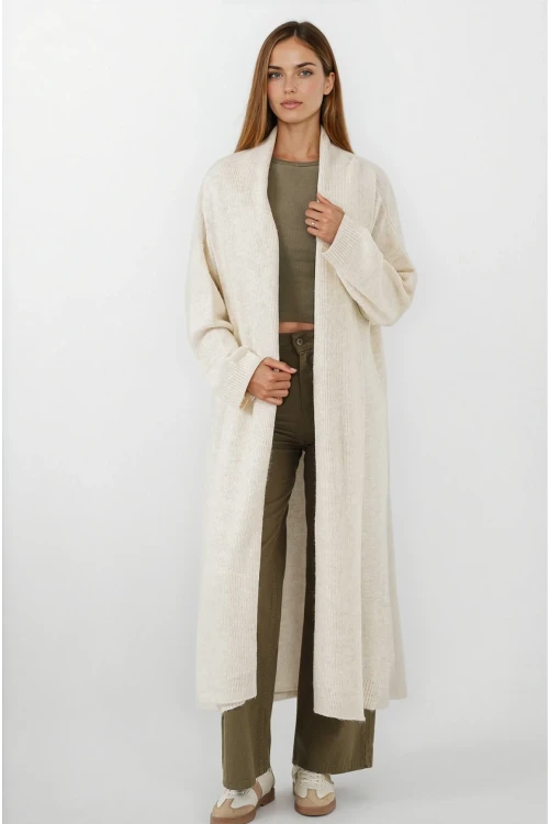 Kadın Ekru Oversize Uzun Triko Hırka HZL25W-BD1103041