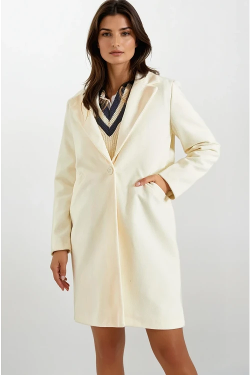 Kadın Ekru Tek Düğmeli Çift Cepli Astarlı Şık Kaşe Kaban HZL23W-BD190851