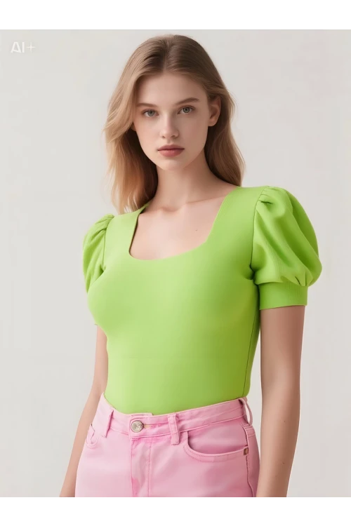 Kadın Fıstık Yeşili Kare Yaka Örme Bluz HZL22W-BD104091