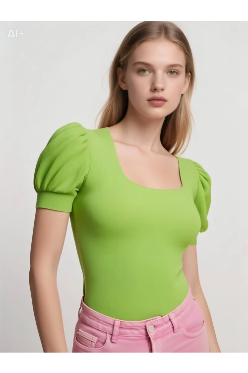 Kadın Fıstık Yeşili Kare Yaka Örme Bluz HZL22W-BD104091