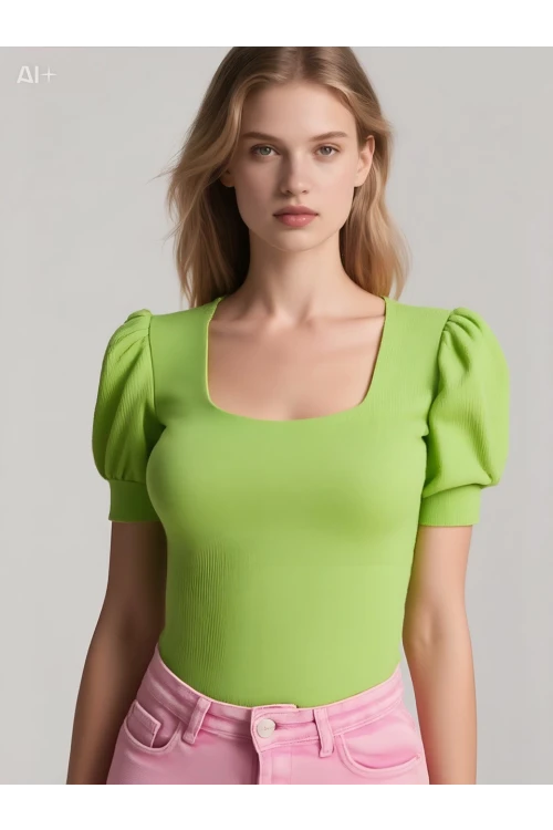 Kadın Fıstık Yeşili Kare Yaka Örme Bluz HZL22W-BD104091