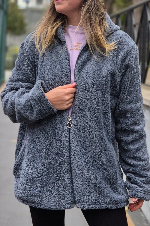Kadın Füme Welsoft esnek kumaş Peluş Yumoş Önü Fermuarlı Kapüşonlu Ceket HZL23W-DSB110081