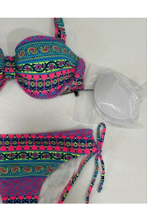Kadın Fuşya Çok Renkli Etnik Desen Atarlı Bikini Takımı HZL25S-LC8004