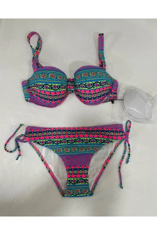 Kadın Fuşya Çok Renkli Etnik Desen Atarlı Bikini Takımı HZL25S-LC8004