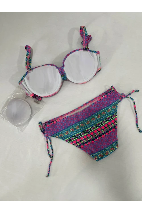 Kadın Fuşya Çok Renkli Etnik Desen Atarlı Bikini Takımı HZL25S-LC8004
