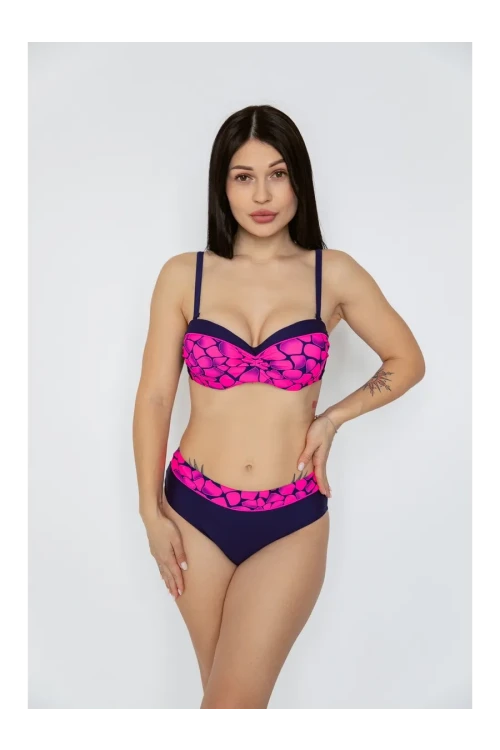 Kadın Fuşya Lacivert Desenli Astarlı Bikini Takımı HZL25S-LC25143