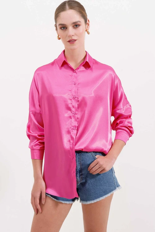 Kadın Fuşya Oversize Dökümlü Saten Yüzeyli Gömlek HZL23S-BD139851