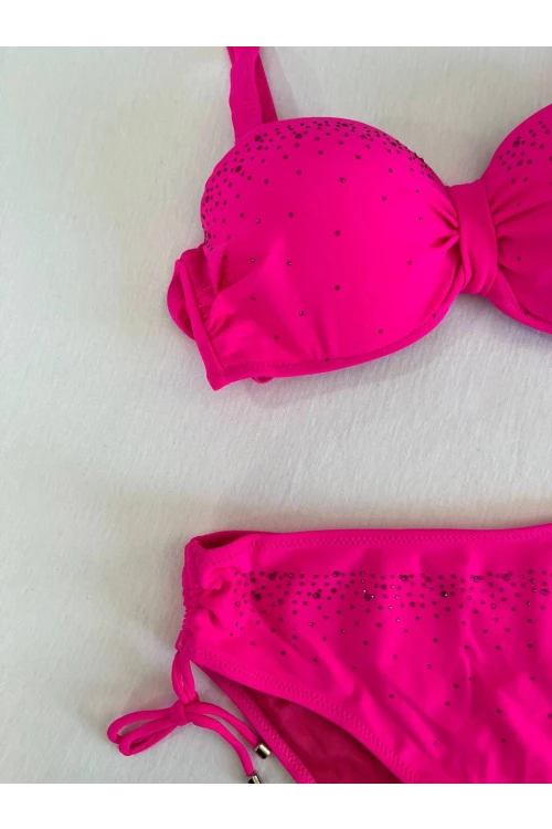 Kadın Fuşya Taş İşlemeli Astarlı Bikini Takım HZL25S-LC3361