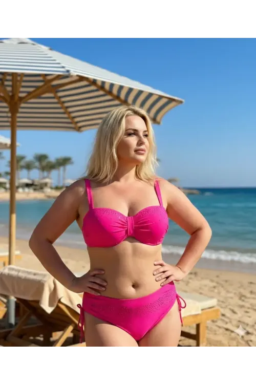 Kadın Fuşya Taş İşlemeli Astarlı Bikini Takım HZL25S-LC3361