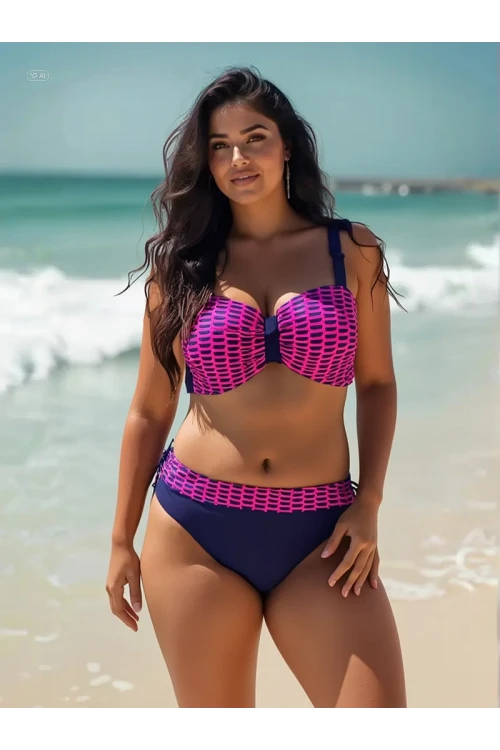 Kadın Fuşya Zincir Desenli Büyük Beden Astarlı Lacivert Bikini Takım HZL25S-LC3303