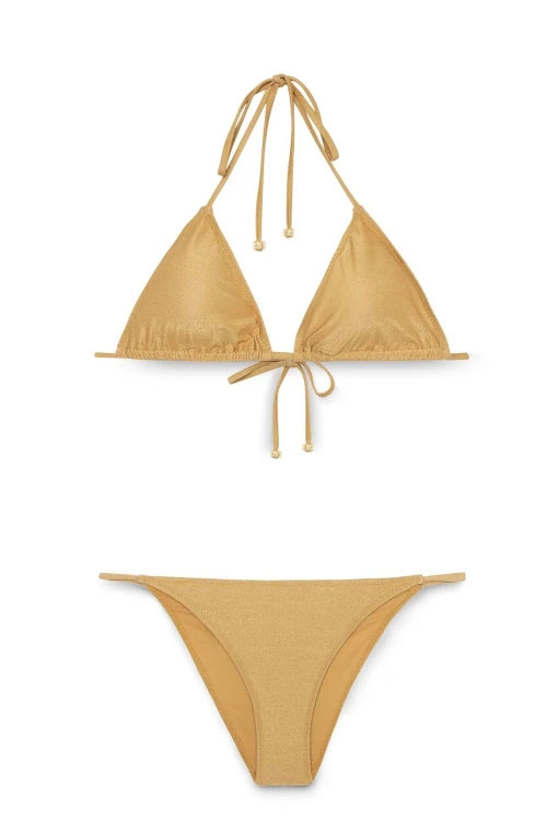 Kadın Gold Simli Boyundan İp Bağlamalı Üçgen Bikini Takımı HZL25S-LC5005