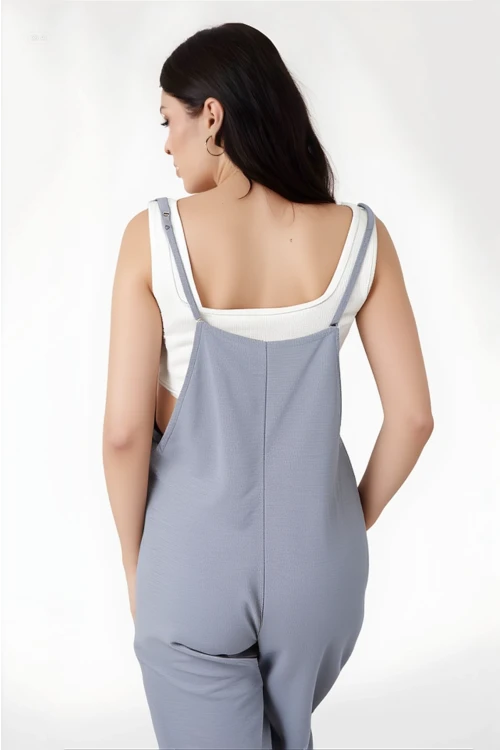 Kadın Gri Ayarlanabilir Askılı Cepli Bol Paça Bahçıvan Tulum HZL22S-BD170191