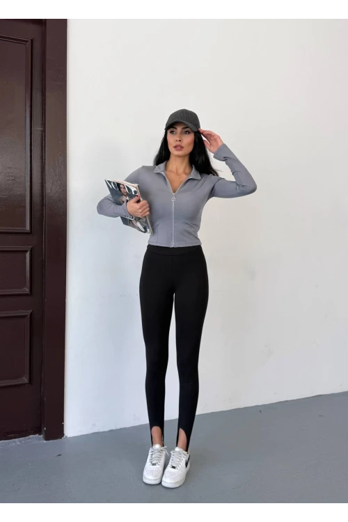 Kadın Gri Dalgıç Kumaş Fermuar Kapamalı Parmak Geçirmeli Sweatshirt HZL25W-FRY123441