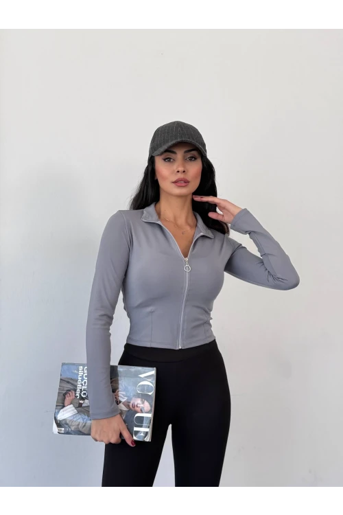 Kadın Gri Dalgıç Kumaş Fermuar Kapamalı Parmak Geçirmeli Sweatshirt HZL25W-FRY123441