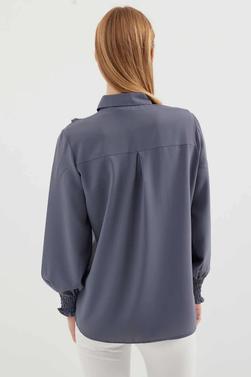 Kadın Gri Fırfır Detaylı Uzun Kollu Şık Gömlek HZL25W-BD1202231