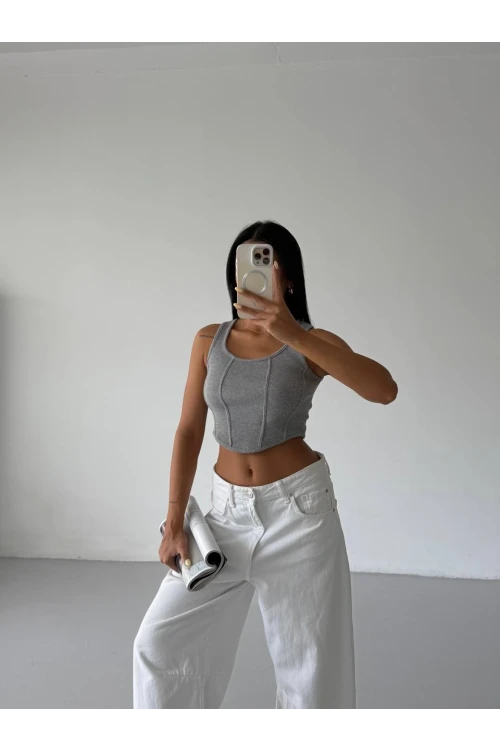 Kadın Gri Fitilli Kaşkorse Crop Bluz HZL25S-FRY123171