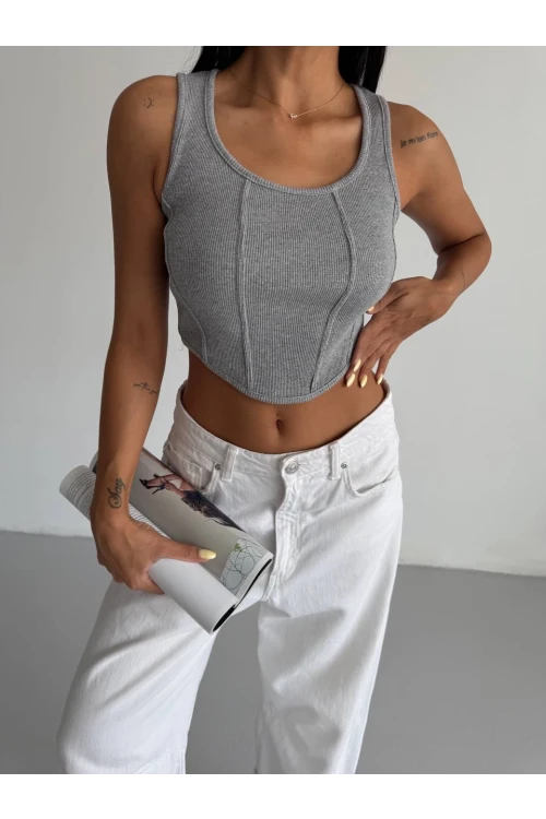 Kadın Gri Fitilli Kaşkorse Crop Bluz HZL25S-FRY123171