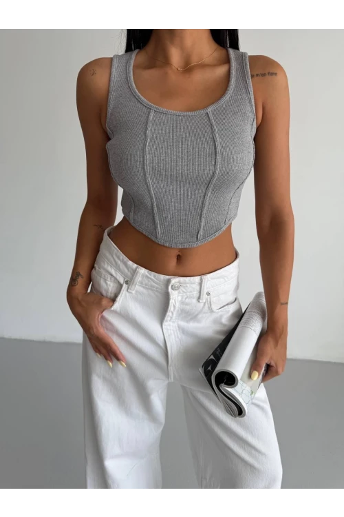 Kadın Gri Fitilli Kaşkorse Crop Bluz HZL25S-FRY123171