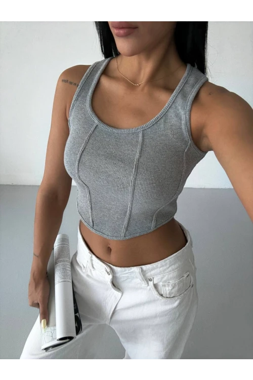 Kadın Gri Fitilli Kaşkorse Crop Bluz HZL25S-FRY123171