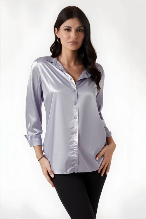 Kadın Gri Hafif Dökümlü Saten Yüzeyli Gömlek HZL22W-BD139641