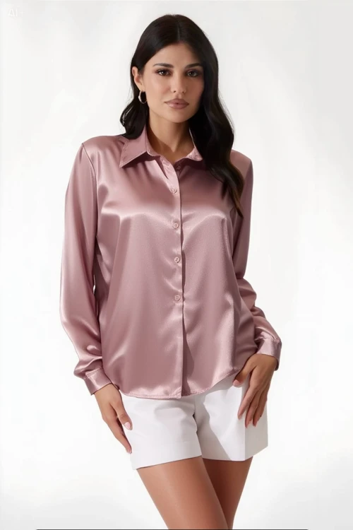 Kadın Gül Kurusu Hafif Dökümlü Saten Yüzeyli Gömlek HZL22W-BD139641