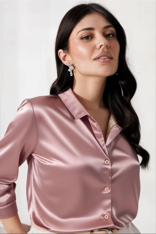 Kadın Gül Kurusu Hafif Dökümlü Saten Yüzeyli Gömlek HZL22W-BD139641