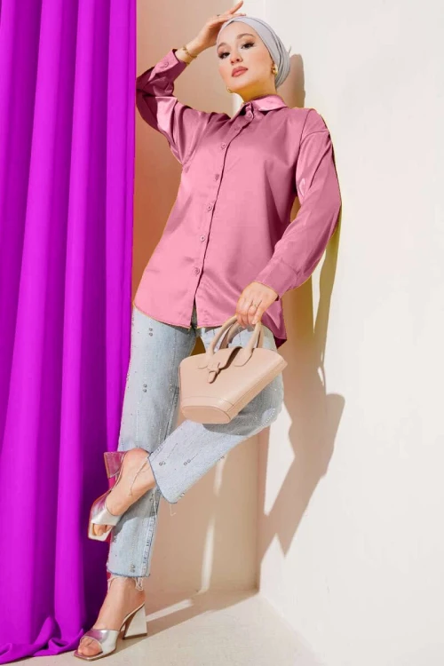 Kadın Gül Kurusu Saten Yüzeyli Tesettür Gömlek HZL25W-BD139641