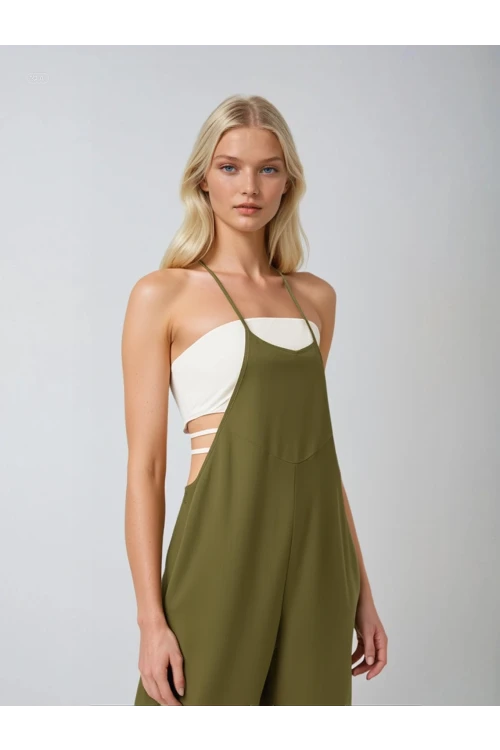 Kadın Haki Ayarlanabilir Askılı Cepli Bol Paça Bahçıvan Tulum HZL22S-BD170191