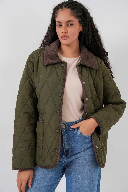 Kadın Haki Çıt Çıt Kapamalı Kadife Detaylı Kapitone Mont HZL25W-BD152261