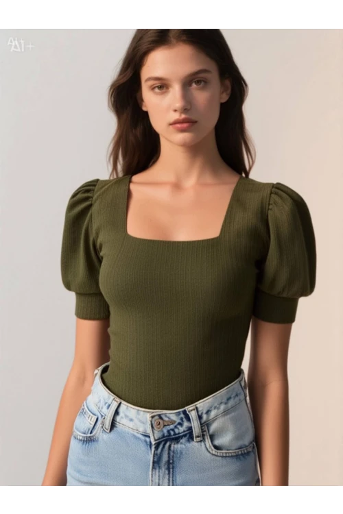 Kadın Haki Kare Yaka Örme Bluz Hzl22w-bd104091