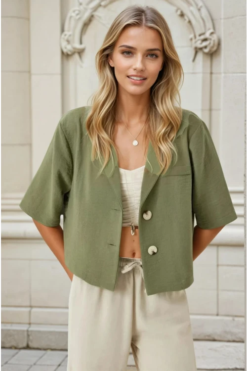 Kadın Haki Kısa Kollu Şal Yaka Düğmeli Mevsimlik Keten Ayrobin Ceket HZL24S-BD107061