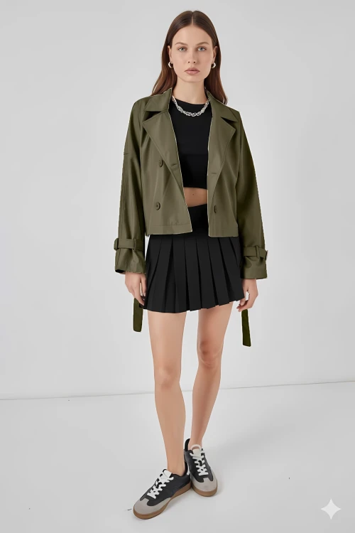 Kadın Haki Kruvaze Yaka Kuşaklı Astarlı Kısa Trençkot HZL25W-BD159701