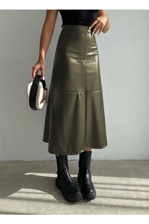 Kadın Haki Midi Boy Fermuar Kapamalı Suni Deri Etek  HZL25W-FRY121651