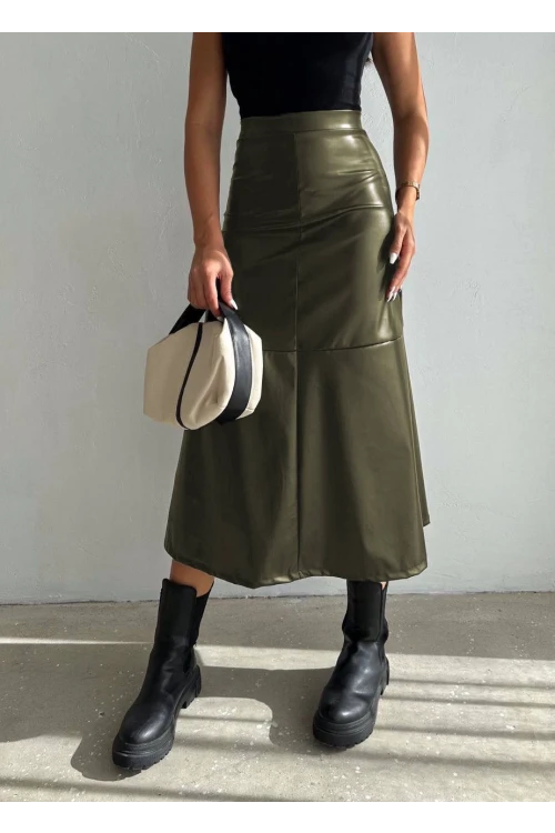 Kadın Haki Midi Boy Fermuar Kapamalı Suni Deri Etek  HZL25W-FRY121651