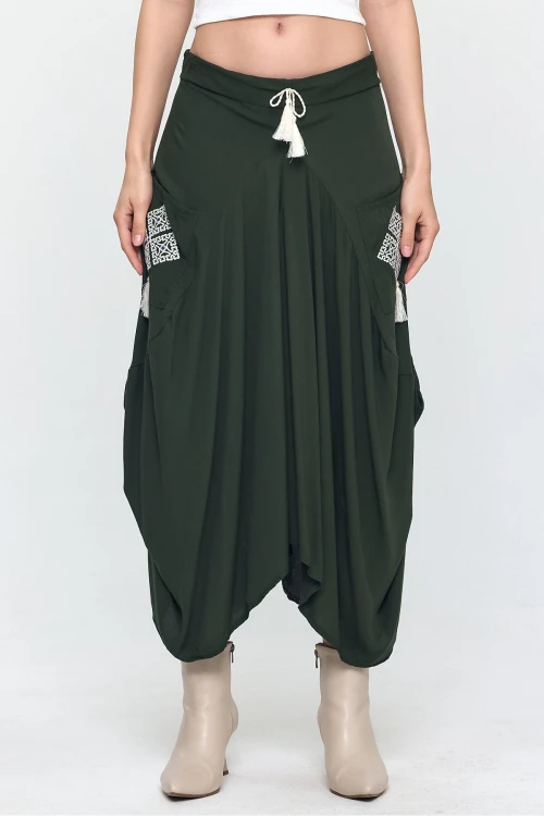 Kadın Haki Nakış Detaylı Bağcıklı Şalvar Etek HZL25S-VM19001