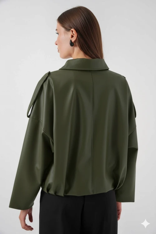 Kadın Haki Oversize Fermuarlı ve Düğmeli Yandan Cepli Suni Deri Ceket HZL25W-BD110551