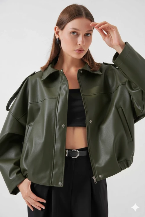 Kadın Haki Oversize Fermuarlı ve Düğmeli Yandan Cepli Suni Deri Ceket HZL25W-BD110551