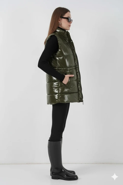 Kadın Haki Parlak Astarlı Şişme Yelek HZL25W-BD152181
