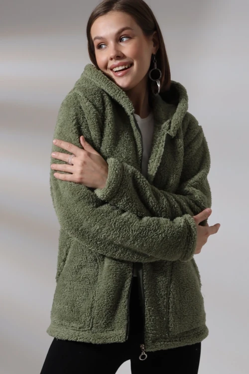 Kadın Haki Welsoft esnek kumaş Peluş Yumoş Önü Fermuarlı Kapüşonlu Ceket HZL23W-DSB110081