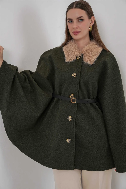 Kadın Haki Yakası Kürklü Düğmeli Kemerli Kaşe Panço HZL25W-BD191651