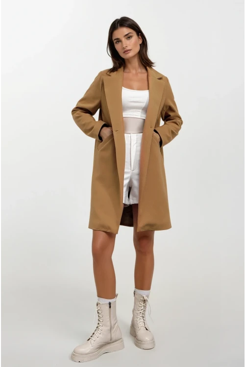 Kadın Hardal Tek Düğmeli Çift Cepli Astarlı Şık Kaşe Kaban HZL23W-BD190851