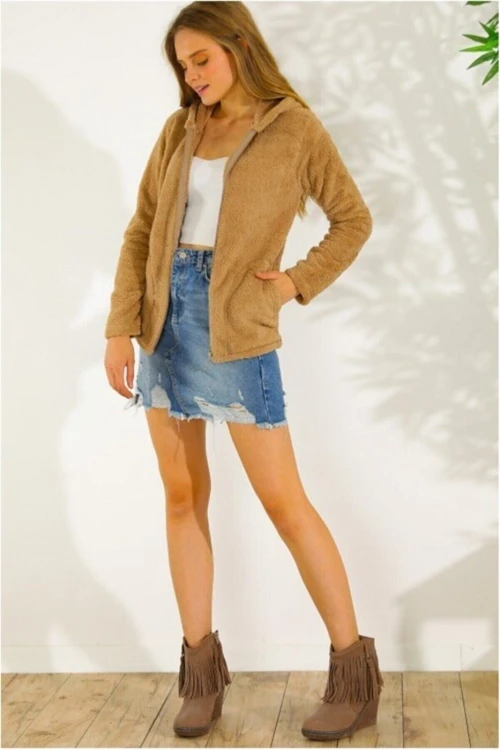 Kadın Hardal Welsoft esnek kumaş Peluş Yumoş Önü Fermuarlı Kapüşonlu Ceket HZL23W-DSB110081