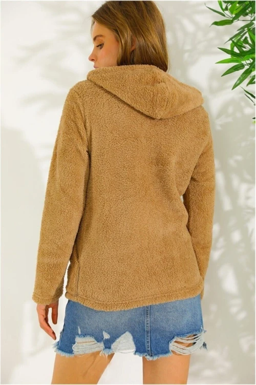 Kadın Hardal Welsoft esnek kumaş Peluş Yumoş Önü Fermuarlı Kapüşonlu Ceket HZL23W-DSB110081
