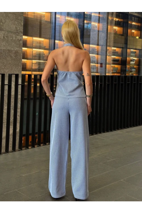 Kadın İndigo Çizgili Önü Fermuarlı Bluz Pantolon İkili Takım HZL25S-ZK13691