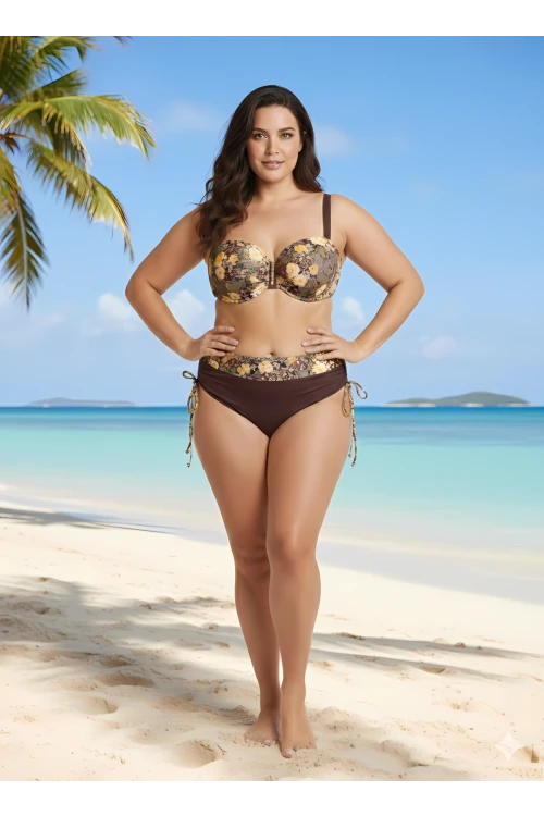 Kadın Kahve Çiçek Desenli Astarlı Lacivert Büyük Beden Bikini Takım HZL25S-LC3301