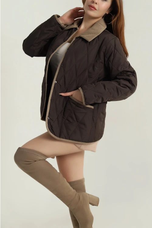 Kadın Kahverengi Çıt Çıt Kapamalı Kadife Detaylı Kapitone Mont HZL25W-BD152261