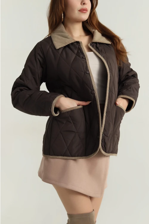 Kadın Kahverengi Çıt Çıt Kapamalı Kadife Detaylı Kapitone Mont HZL25W-BD152261