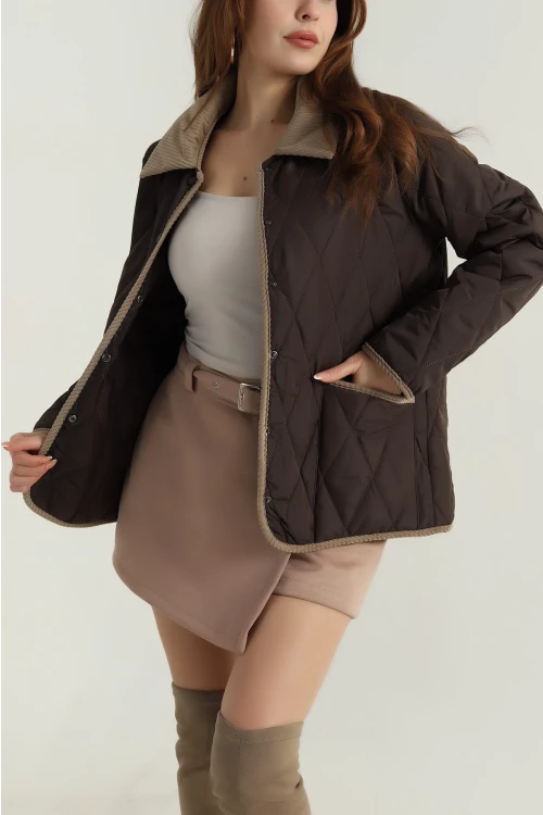 Kadın Kahverengi Çıt Çıt Kapamalı Kadife Detaylı Kapitone Mont HZL25W-BD152261