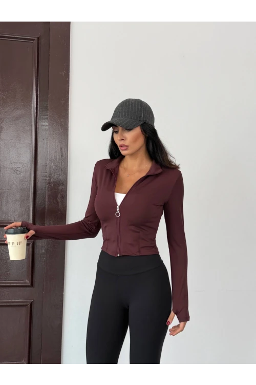 Kadın Kahverengi Dalgıç Kumaş Fermuar Kapamalı Parmak Geçirmeli Sweatshirt HZL25W-FRY123441