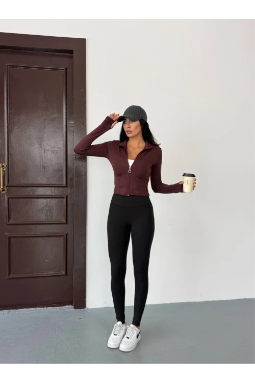 Kadın Kahverengi Dalgıç Kumaş Fermuar Kapamalı Parmak Geçirmeli Sweatshirt HZL25W-FRY123441